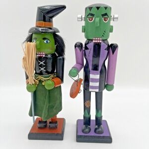 Halloween Wooden Nutcracker Witch Frankenstein Decorations 8" Lot of 2